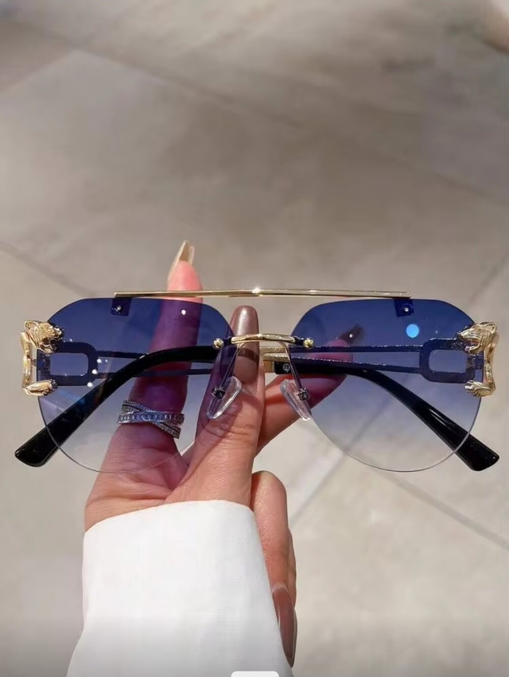Blue Gradient Rimless Aviator Sunglasses with Gold Accents